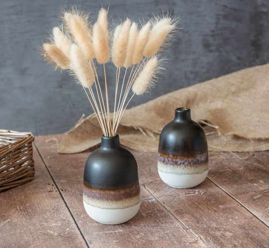 Black Stoneware Bud Vase, Bunny Tails, Vase With Dried Flowers