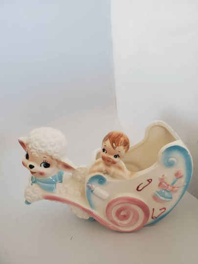 Vintage Inarco 1961 Anthropomorphic Nursery Baby Planter With Lamb & Baby Carriage E 245