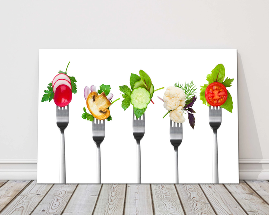 Herbs & Vegetables Displayed On Forks A White Background, Printed Canvas Picture Print. Food Drink Themed