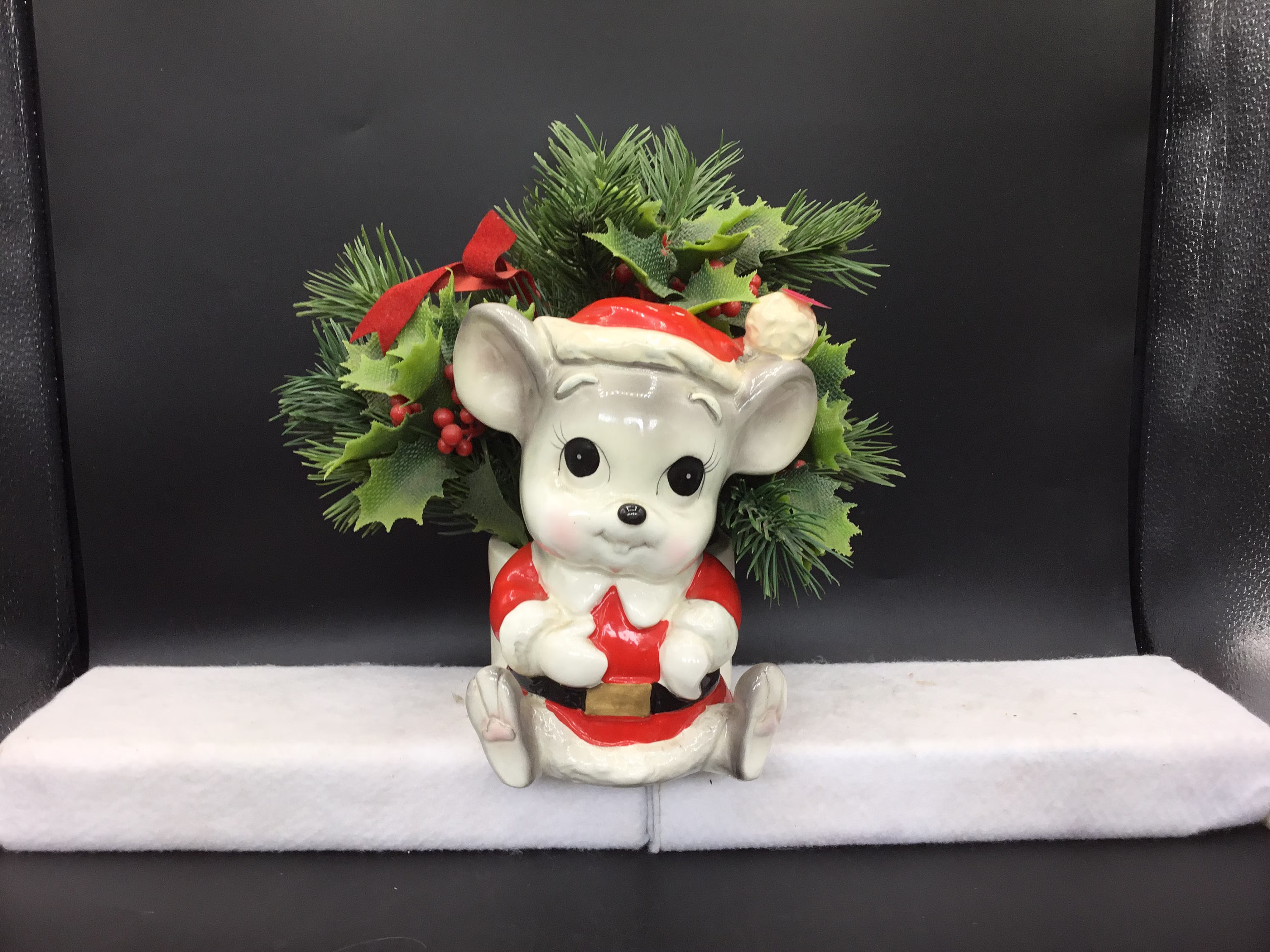 Vintage Christmas Mouse Planter With Plants