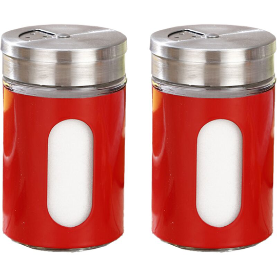 Salt and Pepper Shakers Stainless Steel and Glass Set with Adjustable Pour Holes 2pcs red