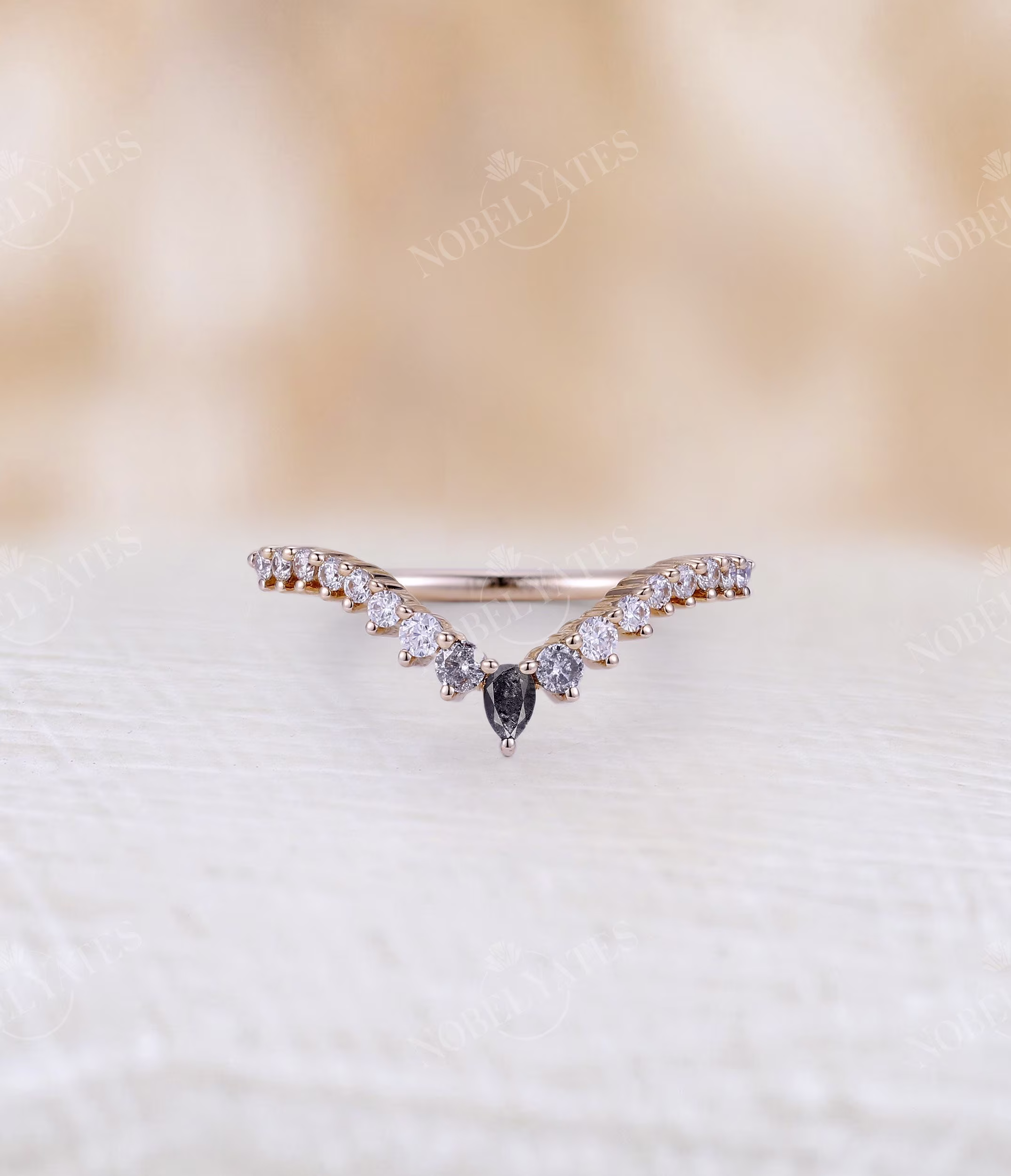 Curved Salt & Pepper Diamond Wedding Band Rose Gold Moissanite Chevron Vintage Bridal Stacking Matching Anniversary Ring