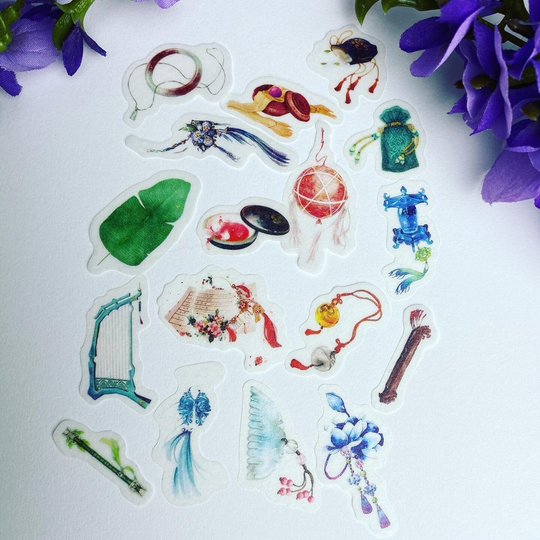 Romantic Heirlooms, Comb, Compact, Harp & Flute, Paper Lanterns, 32 Stickers, 16 Designs