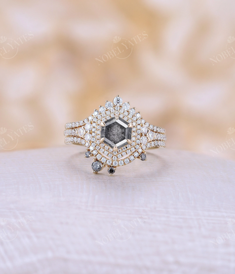 Vintage Salt & Pepper Diamond Engagement Ring Set Hexagon Shape Moissanite Halo Bridal Unique Yellow Gold Pave