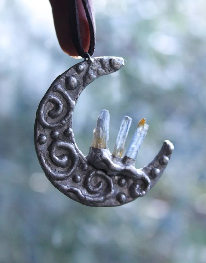 Blue Kyanite Spiral Moon | Handmade Silver Layering Pendant Crystal Jewellery Luna Necklace Crescent Unique