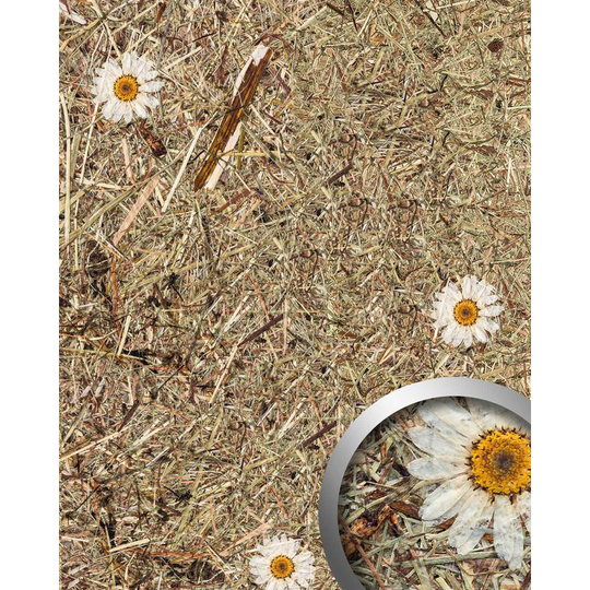 Design panelling nature decor Wallface AL-11004 alpine white daisy textured wall panel with natural raw alpine flowers and herbs matt self-adhesive