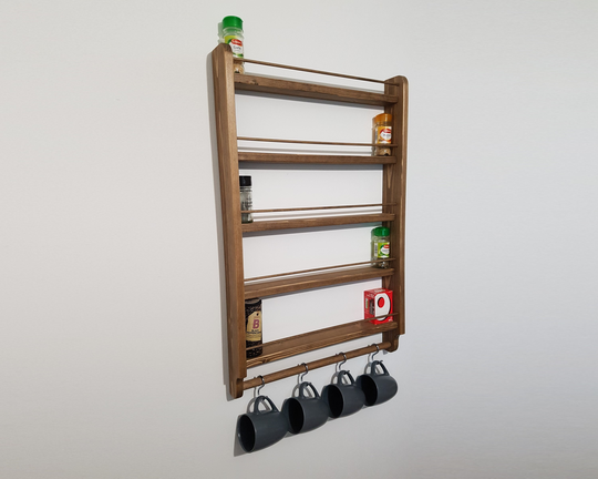 Spice Rack Rustic 5 Shelf Wall Mountable Kitchen Storage Cup Mug Utensil Hooks