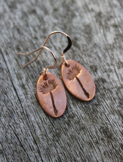 Seed Print Drop Earrings With A Dandelion Clock Embossed On Each Earring. These Pretty Copper Hang From Rose Gold Wires