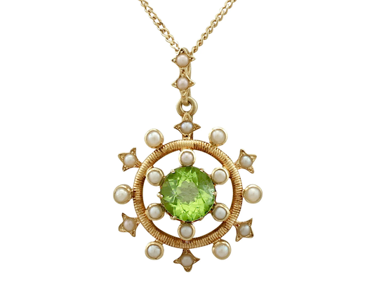 Antique 1.92Ct Peridot & Seed Pearl, 15K Yellow Gold Pendant