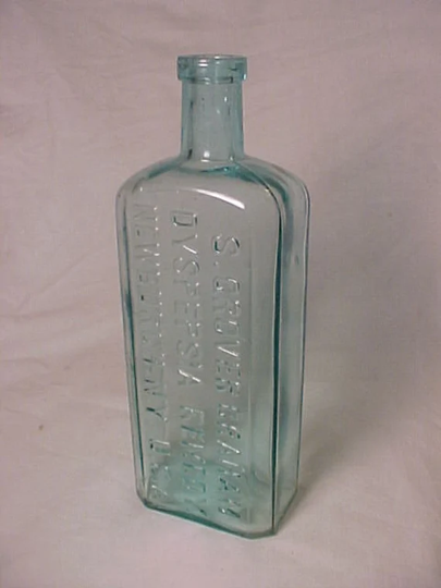 C1880S S. Grover Graham Dyspepsia Cure Newburgh, N.y., Aqua Blown Glass Pharmacy Apothecary Druggist Patent Medicine Bottle