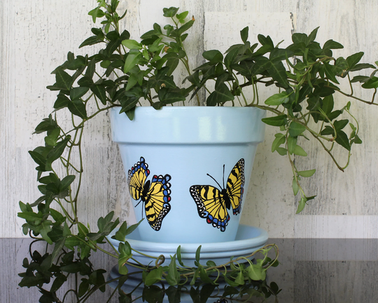 Terracotta Flower Pot Painted Yellow Butterflies With Drainage Hole & Saucer | Drip Tray/Blue Medium 6 Inch/Plant Pot/Planter