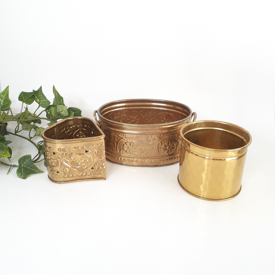 Brass Pots Set Of 3 Vintage Planters Oval Round & Triangle Mismatched Boho