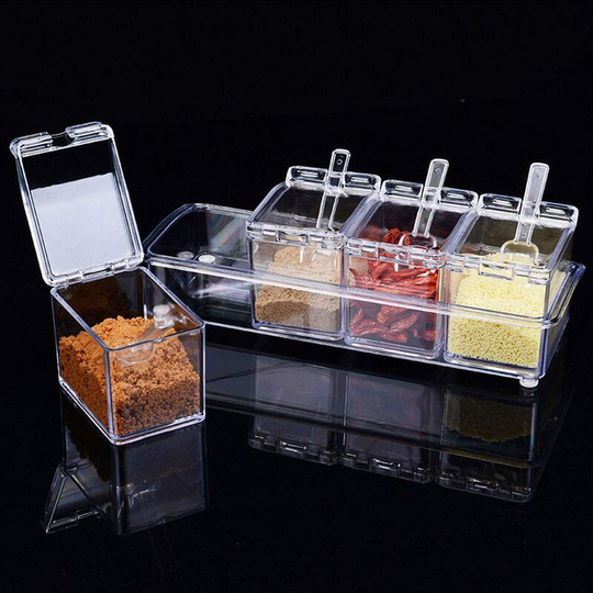 Litzee - 4 Pieces Seasoning Box Set Transparent Seasoning Storage Container with Spoon Clear Condiment Jars for Spice Salt Sugar Cruet