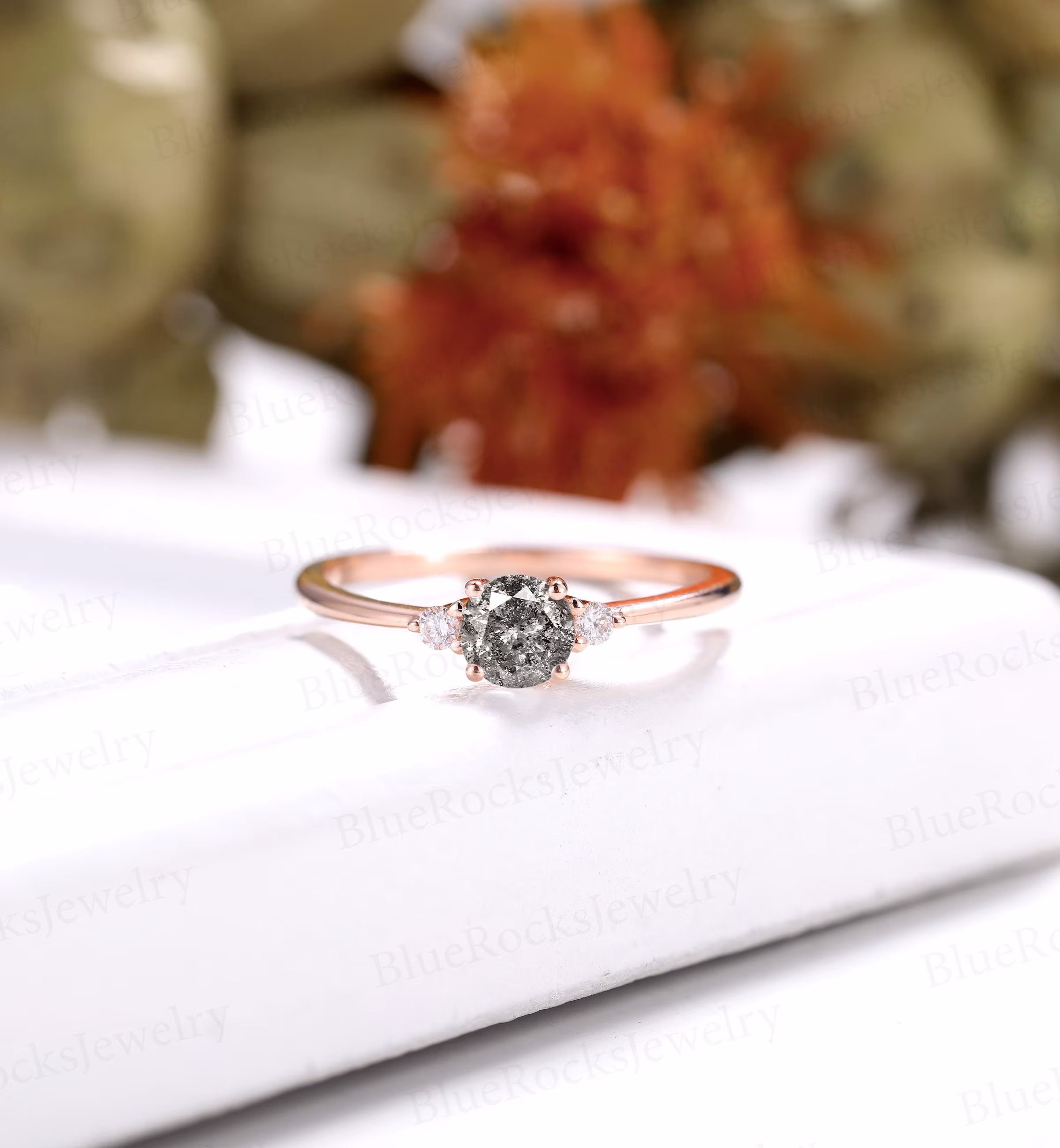 Delicate Round Salt & Pepper Diamond Engagement Ring, Three Stone Rose Gold Wedding Vintage Prong Set Anniversary Ring