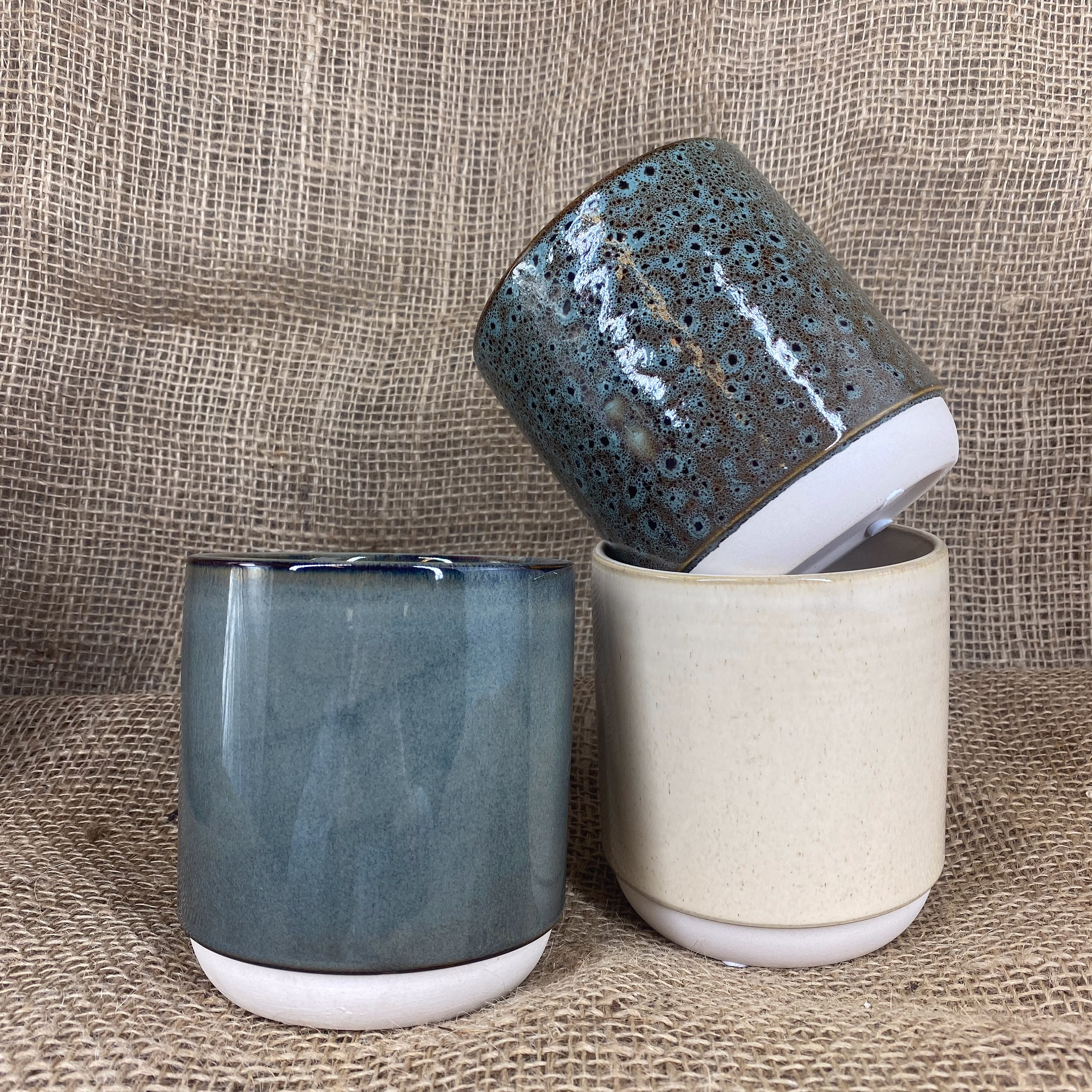 Glass Effect Glazed Natural Ceramic Planter - House Plant Pot Mottled Brown, Dark Duck Egg Blue, Cream