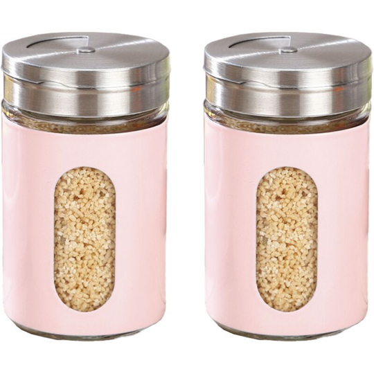 Salt and Pepper Shakers Stainless Steel and Glass Set with Adjustable Pour Holes 2pcs pink