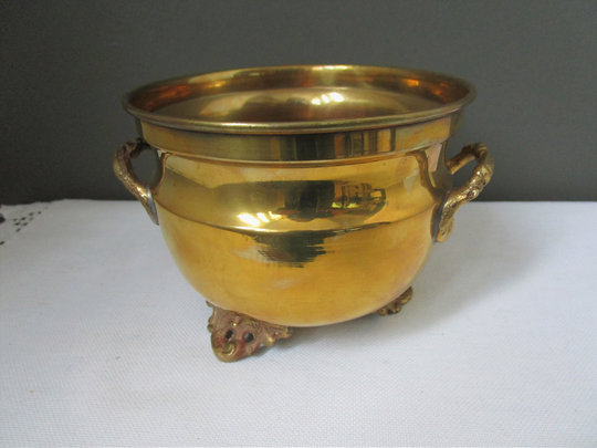 Retro 70S Brass Planter Cauldron Style Footed Two Handled Brass Small Size Indoor Retro Boho Home Decor