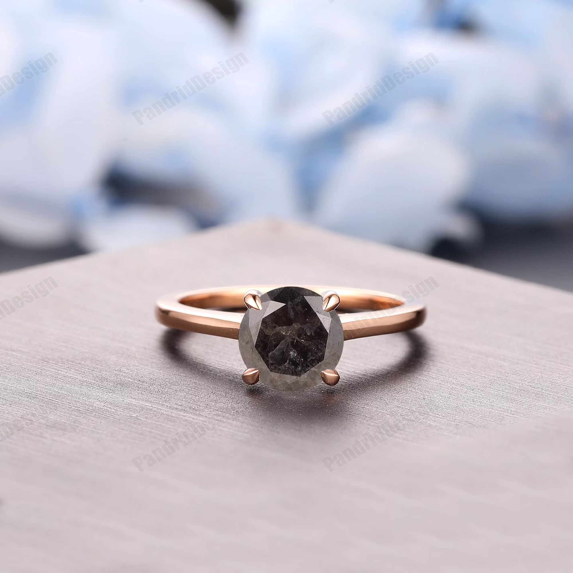 Solitaire Diamond Ring, Round Cut Salt & Pepper Engagement Pointed Prong Set Natural Wedding Solid Gold Ring