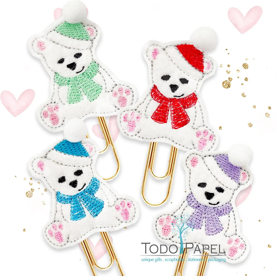 Cute Baby Polar Bear Embroidered Planner Paper Clip, Brooch Or Magnet - Blue, Red, Mint Lilac. Seasonal Bookmarks. Party Favors, Stuffers
