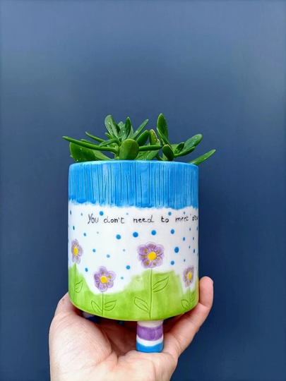 Ceramic Vase Decorated With Flowers, For Succulents, Colored Three Feet, Phrase, Holder, Polka Dots
