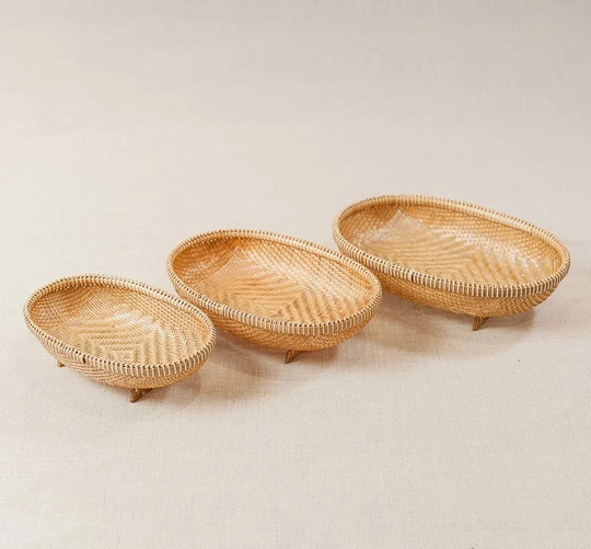 Set 3 Oval Bamboo Basket With Knitted Bottom Legs | Vietnamese Handmade Traditional Viet Kitchen Storage