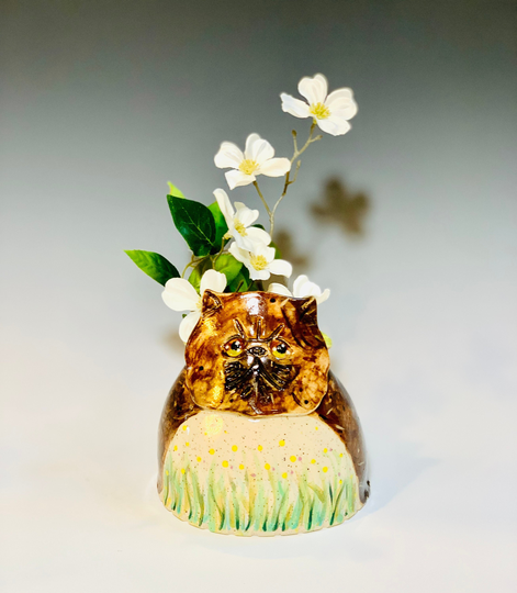 Cat Vase For Succulents Or Flowers, Hand Painted Ceramic Pottery in Speckled White Clay