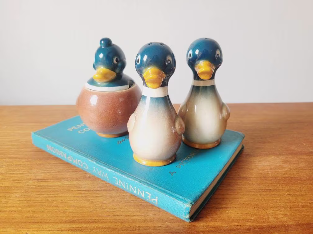 Goebel Cruet Set in The Shape Of 3 Ducks. Vintage West German Salt & Pepper