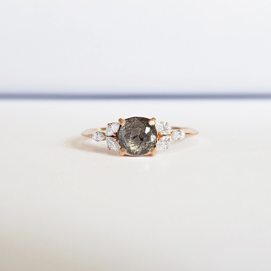 Salt & Pepper Rose Cut Diamond Engagement Ring With Marquise Accent Nature Inspired Leaf Shape in Gold Or Platinum