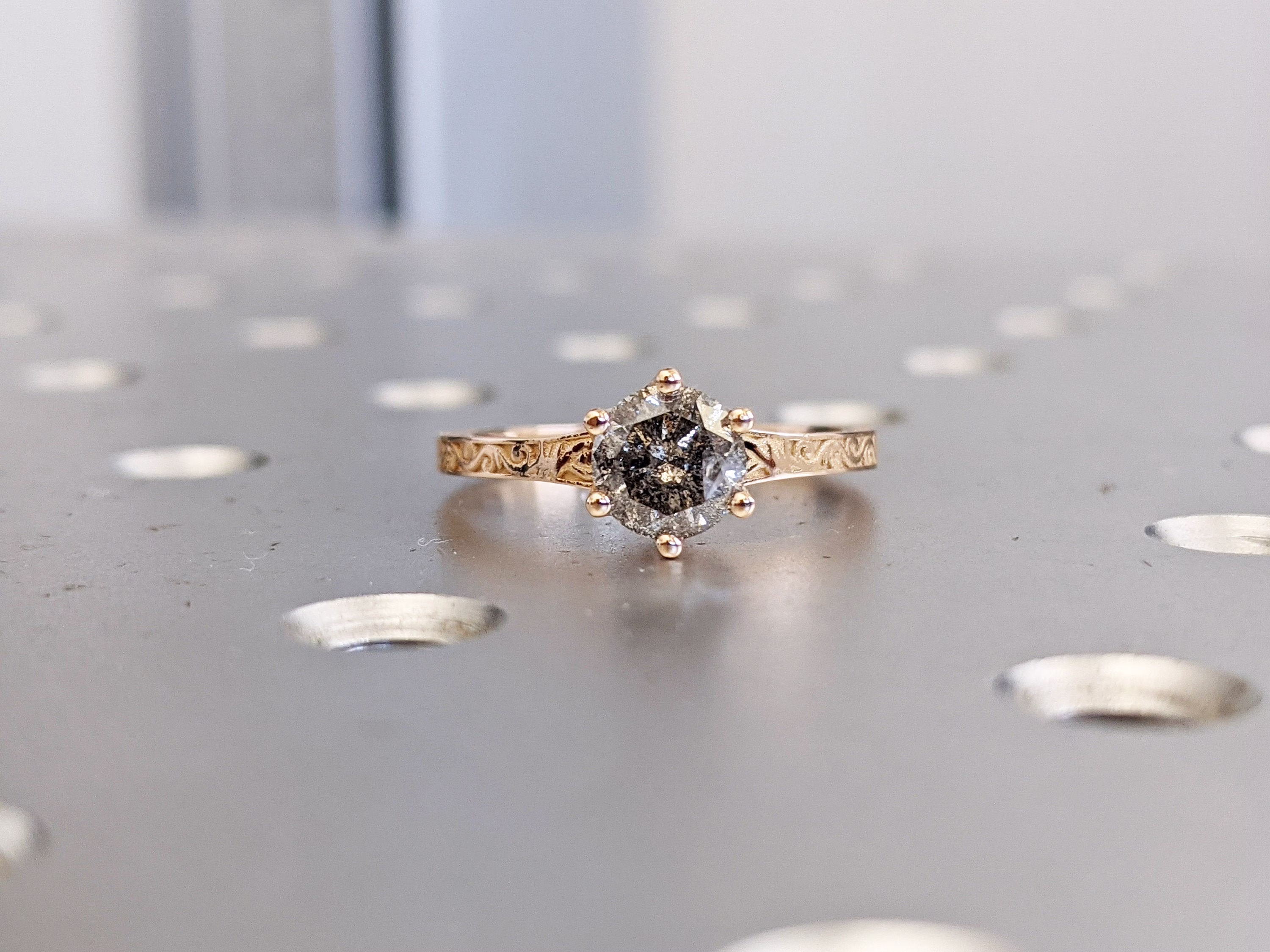 Light Raw Salt & Pepper Diamond Rose /White /Yellow Gold Engagement Ring Art Deco 1920's Inspired Thin Petite Band 18K Unique For Her