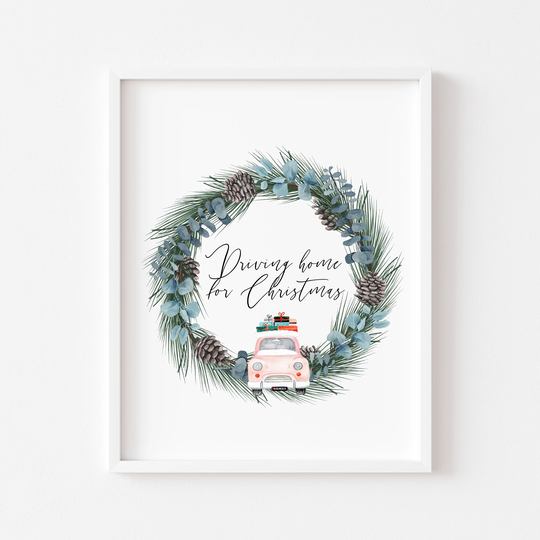 Christmas Print, Driving Home For Xmas Pink Car Seasonal Watercolour Illustration Unframed Print|Christmas Prints|Seasonal Decor|Xmas Decor