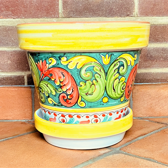 Plant Pot - Glazed Ceramic, Hand Decorated Floral Pattern, With Matching Saucer, For Plants & Flowers Ø 31 H 26.5cm