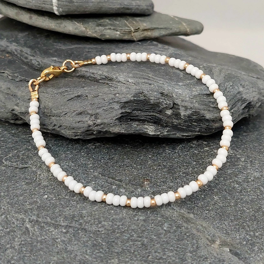 White Seed Bead Bracelet - Gold/Silver Bridal Made in Cornwall Cornish Jewellery