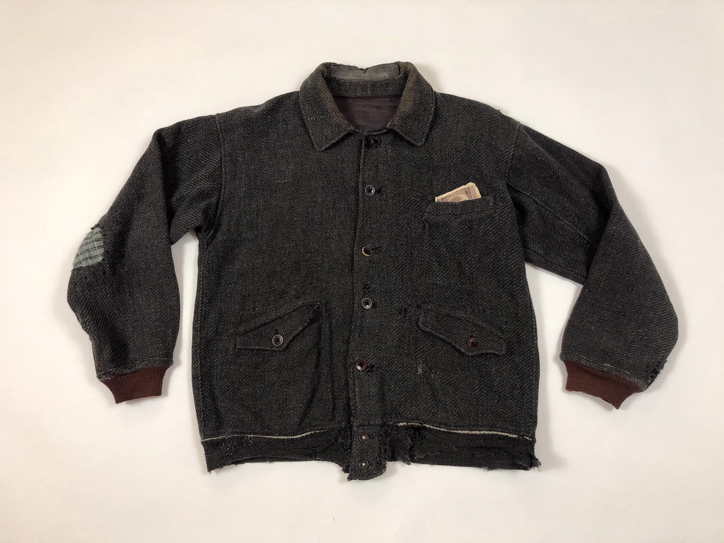 1940S Salt & Pepper Distressed Wool Japanese Workwear Bomber Style Jacket S