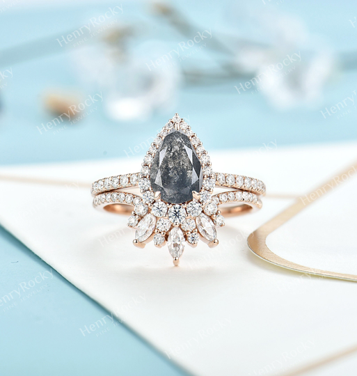 Vintage Salt & Pepper Diamond Engagement Ring Set Rose Gold Pear Cut Moissanite Halo Half Eternity Bridal Promise