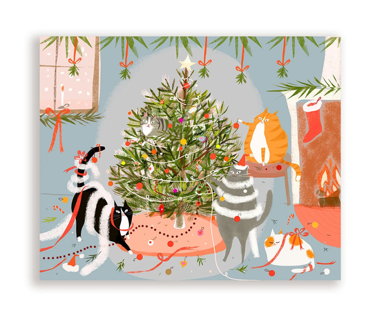 Season's Greetings - Christmas Cat Card Tree Trimming Santa's Helpers Funny Card