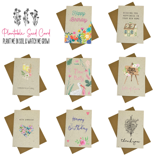 Personalised Plantable Seed Cards, Wildflower Illustrated Greetings Card, Paper Eco Friendly With Envelope Handmade
