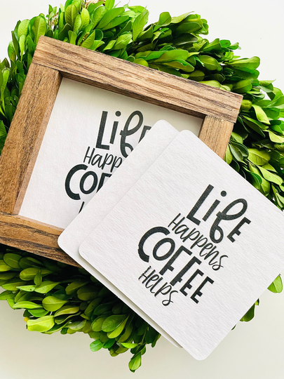 Life Happens Coffee Helps Tile, Interchangeable Decor Sign, Tiered Tray, Seasonal Home Decor, Lover, Caffeine Lover