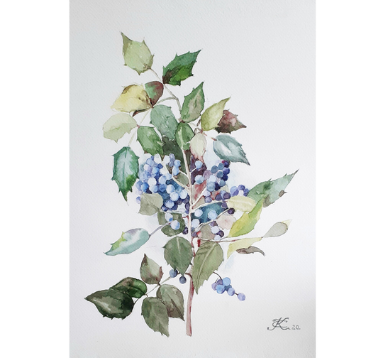 Herb Painting Watercolor Original Art Green Plant Leaf Artworks Wall Botanical Ukranian Artist