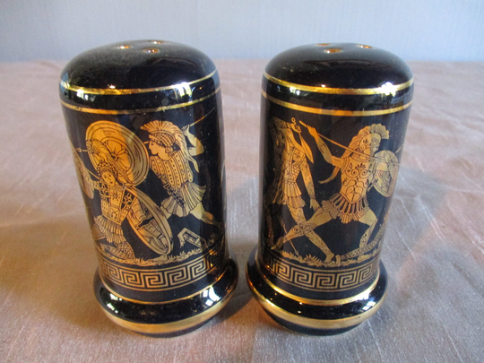 A Delightful Vintage Porcelain Pepper & Salt Set/Sel & Shakers With Greek Mythology Motifs, Made in France