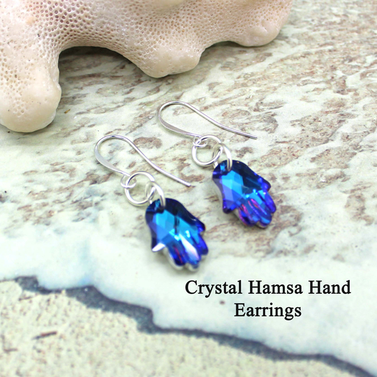 Hamsa Earrings, Blue Crystal Hand Earrings -Hamsa Kabbalah, Mitzvah, Jewelry, Evil Eye
