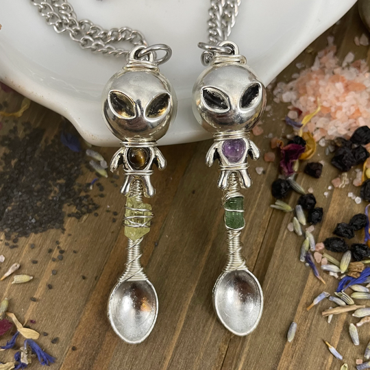Silver Alien Stone Wire Wrap Spoon Pendant Necklace Tea Herb Sugar Incense Spoonie Healing