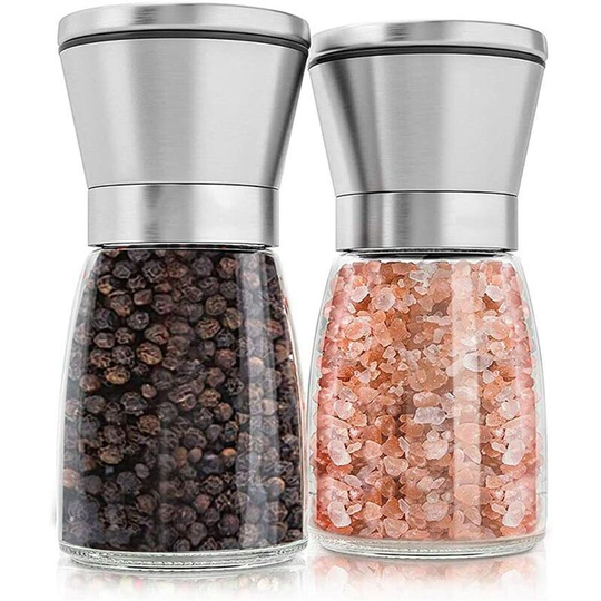 Manual Pepper Mill and Salt Mill, Set of 2 Spice Mills Adjustable Grain Size Pepper Mill and Salt Shaker Brushed Steel Salt and Pepper Grinder with