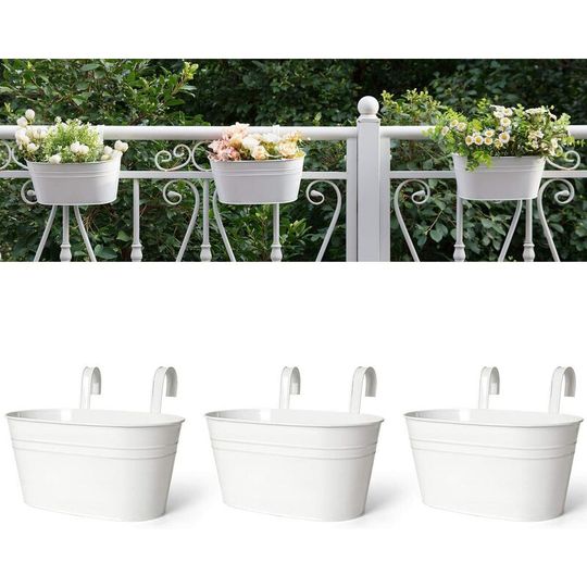 Echoo - 3 Pack Metal Iron Hanging Flower Pots for Railing Fence Hanging Bucket Pots Countryside Style Window Flower Plant Holder with Detachable
