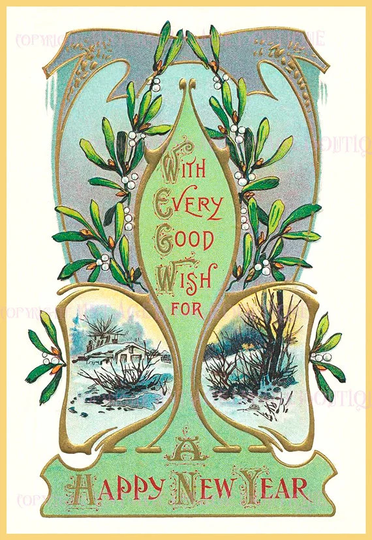 Antique Edwardian New Year Wishes Art Nouveau Christmas Season Winter Solstice Holiday 5x7 Greeting Card