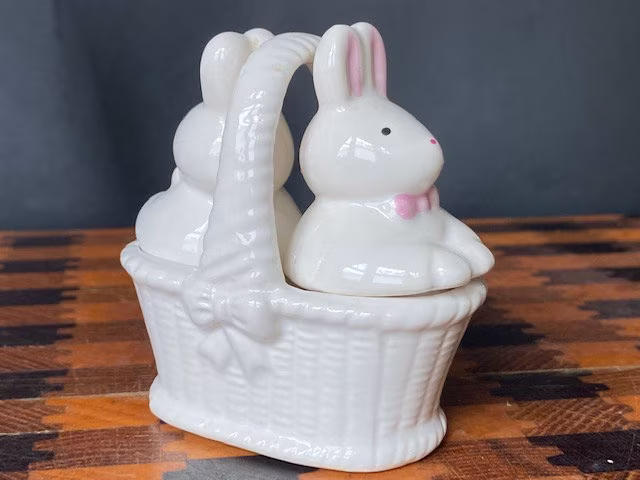 Easter Rabbit Salt & Pepper Shakers For Vintage Holiday Table Decor. 2 Ceramic Cute White Bunnies in Basket. Pink Blue Bows. Collector