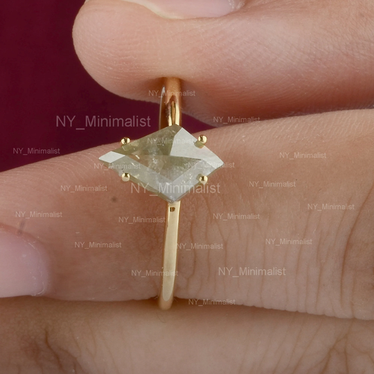 Four Prong Setting Genuine Mines Rough Kite Salt & Pepper Diamond Ring Solid 14K Yellow Gold Handmade Fine Jewelry Engagement Gift For Her