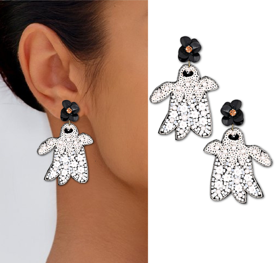 Halloween Ghost Floral Seed Beaded White Statement Gift Earrings