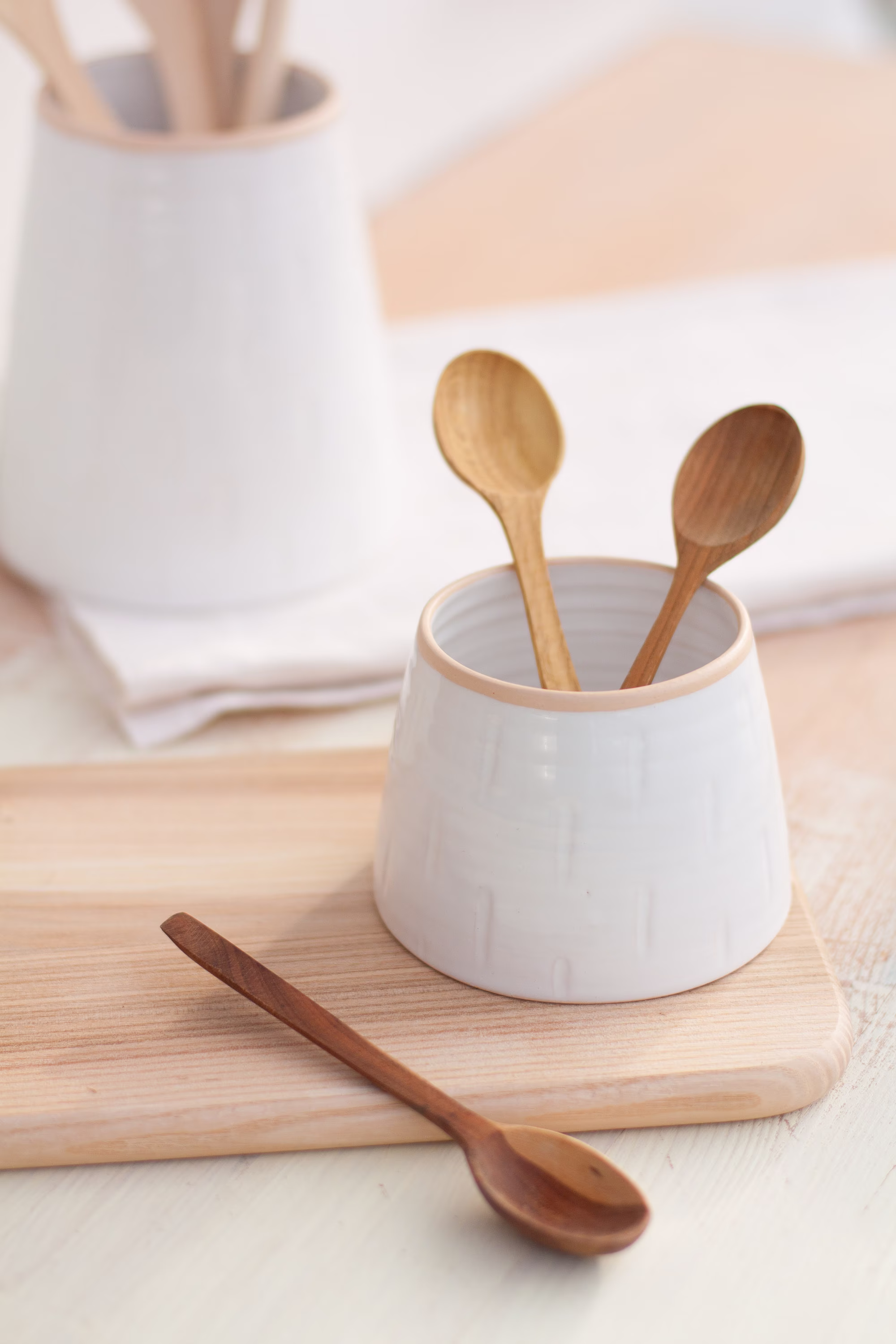 Utensil Holder, Ceramic Utensil Crock, Kitchen White Spoon Salt Cellar, Pottery Sugar Bowl