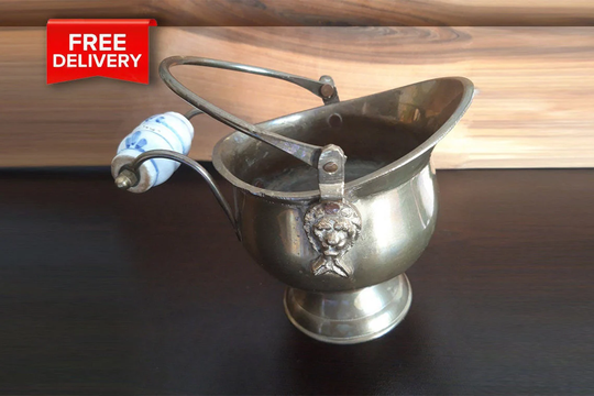 Brass Small Planter With Porcelain Handle. Copper Garden Bowl. Coal Scuttle