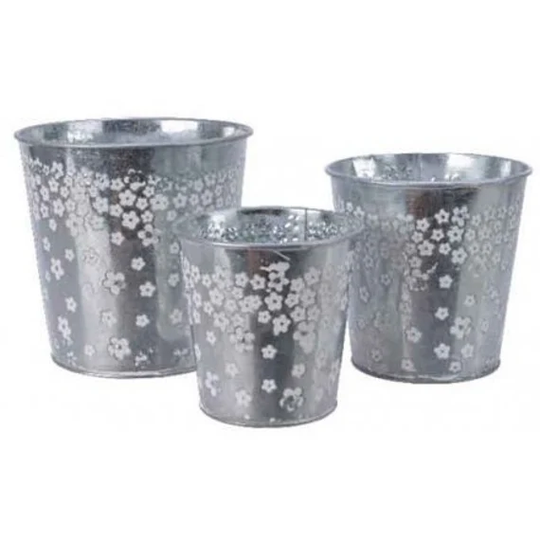 Set Of 3 Small Zinc Bucket Planters Decorated With A White Daisy Design
